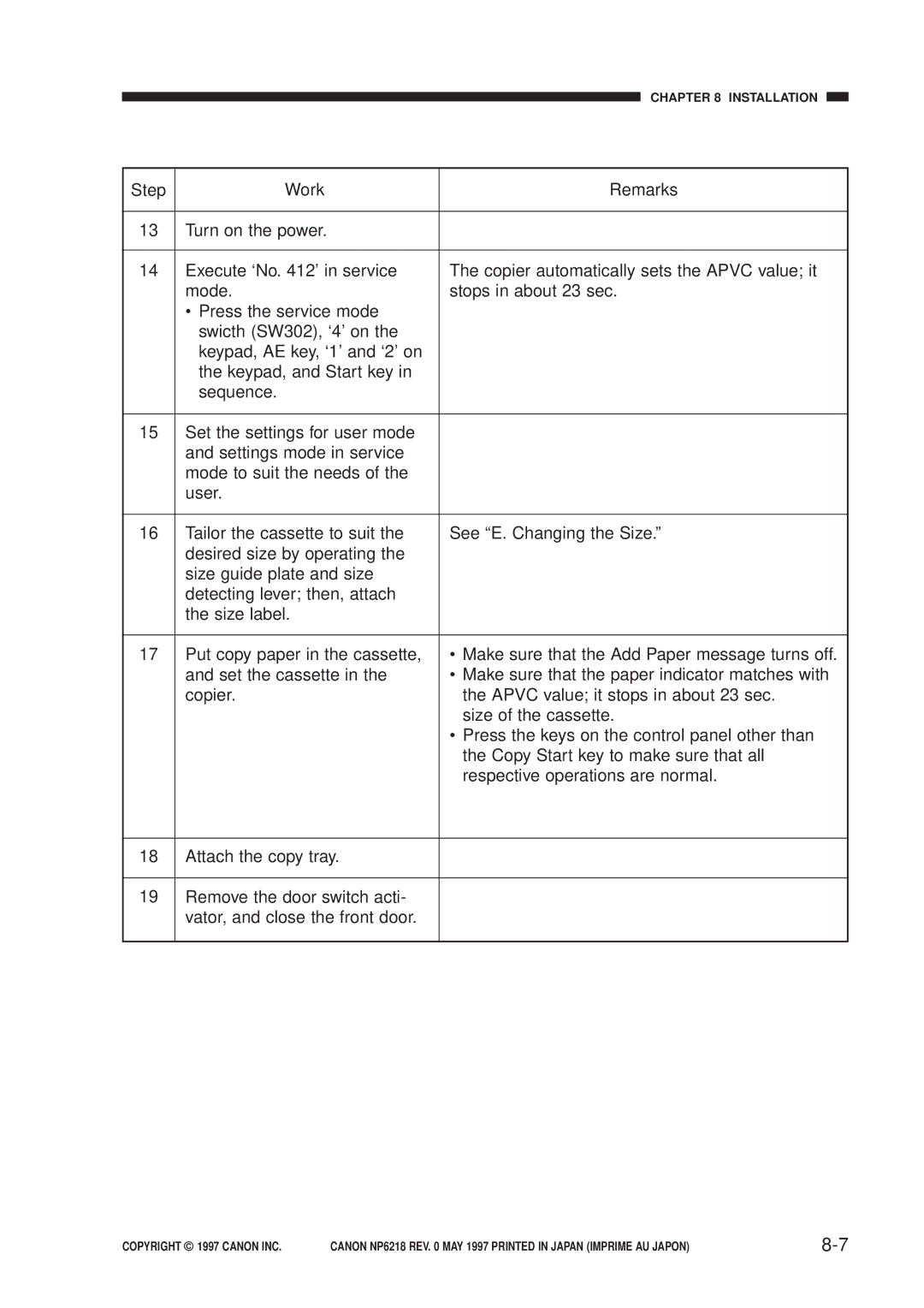 Canon FY8-13EX-000, NP6218 service manual Installation 