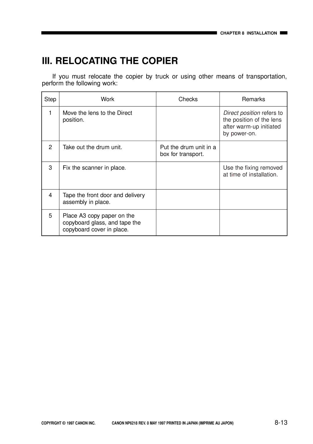 Canon FY8-13EX-000, NP6218 service manual III. Relocating the Copier, Direct position refers to 