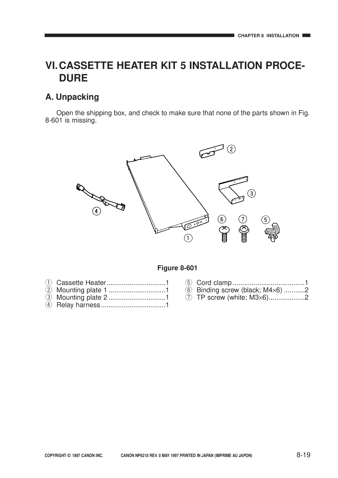 Canon FY8-13EX-000, NP6218 service manual VI. Cassette Heater KIT 5 Installation PROCE- Dure, Unpacking 