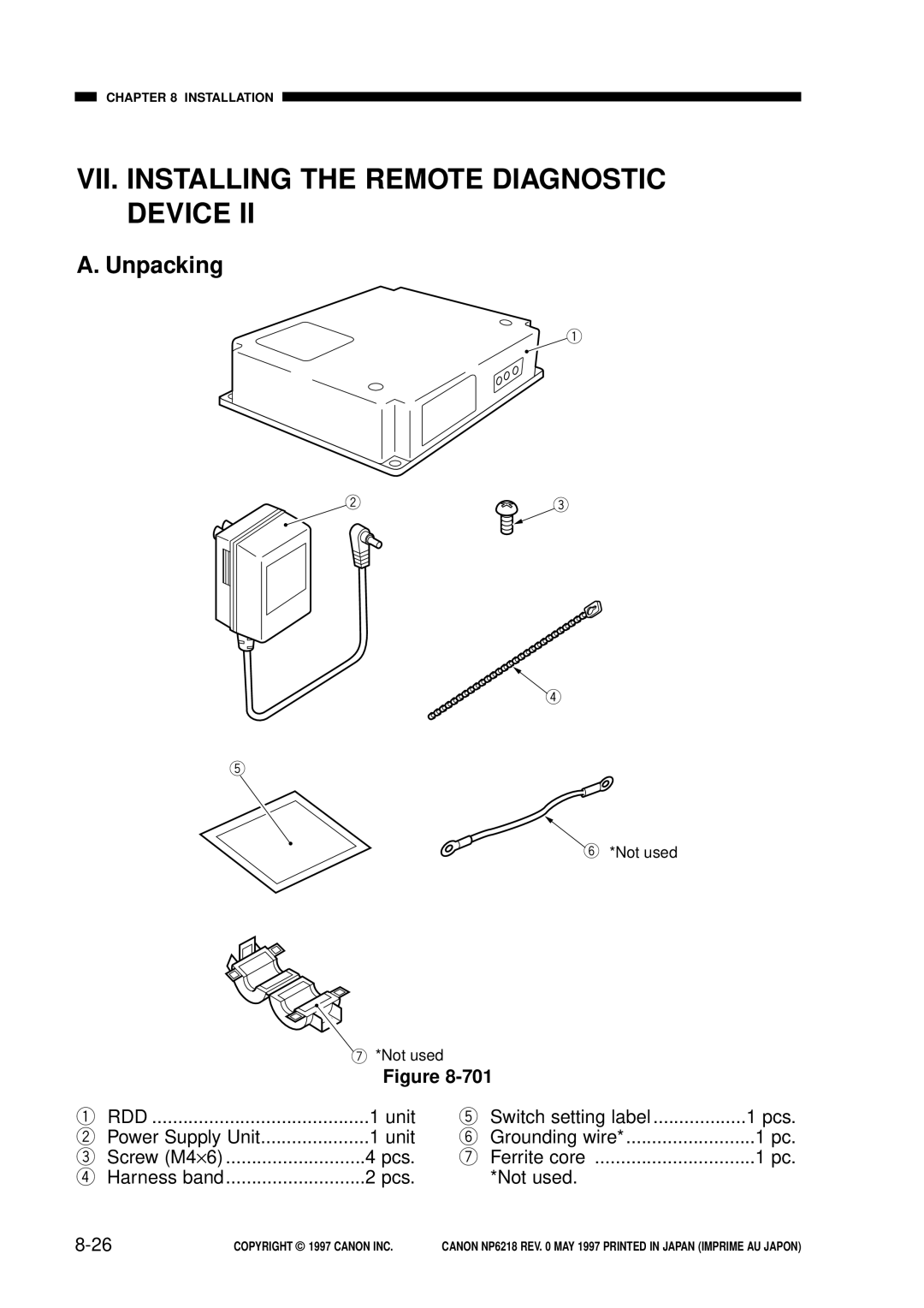 Canon NP6218, FY8-13EX-000 service manual VII. Installing the Remote Diagnostic Device, Unpacking 