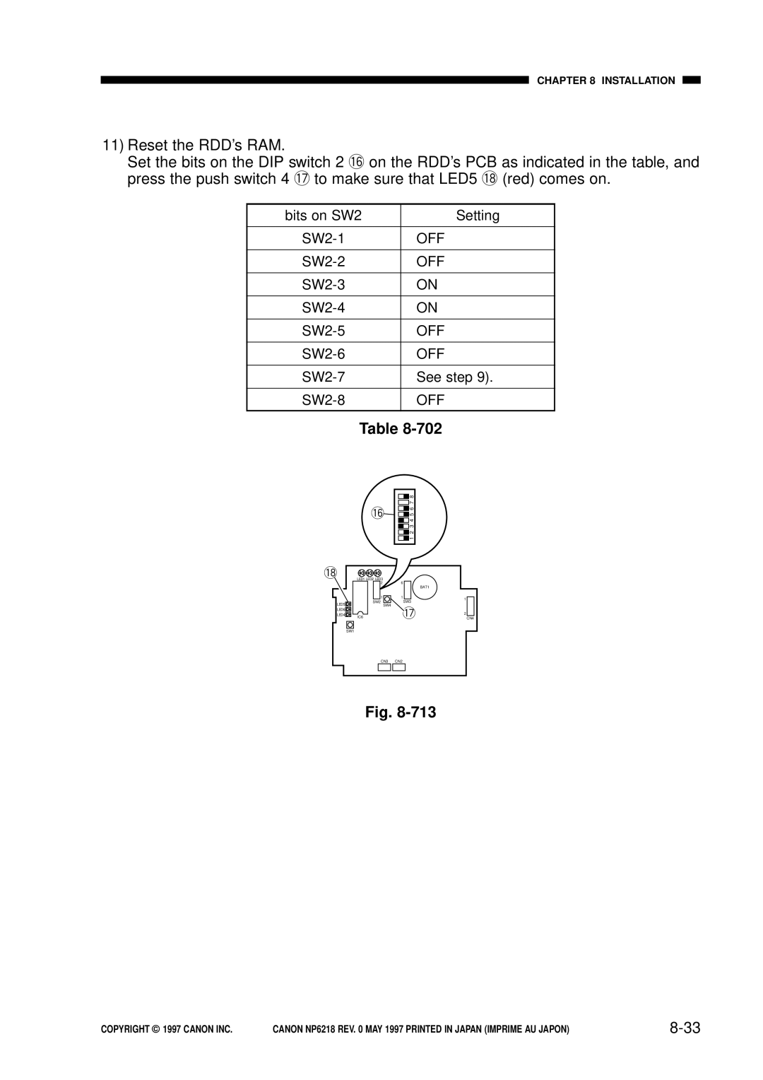 Canon FY8-13EX-000, NP6218 service manual Bits on SW2 Setting 