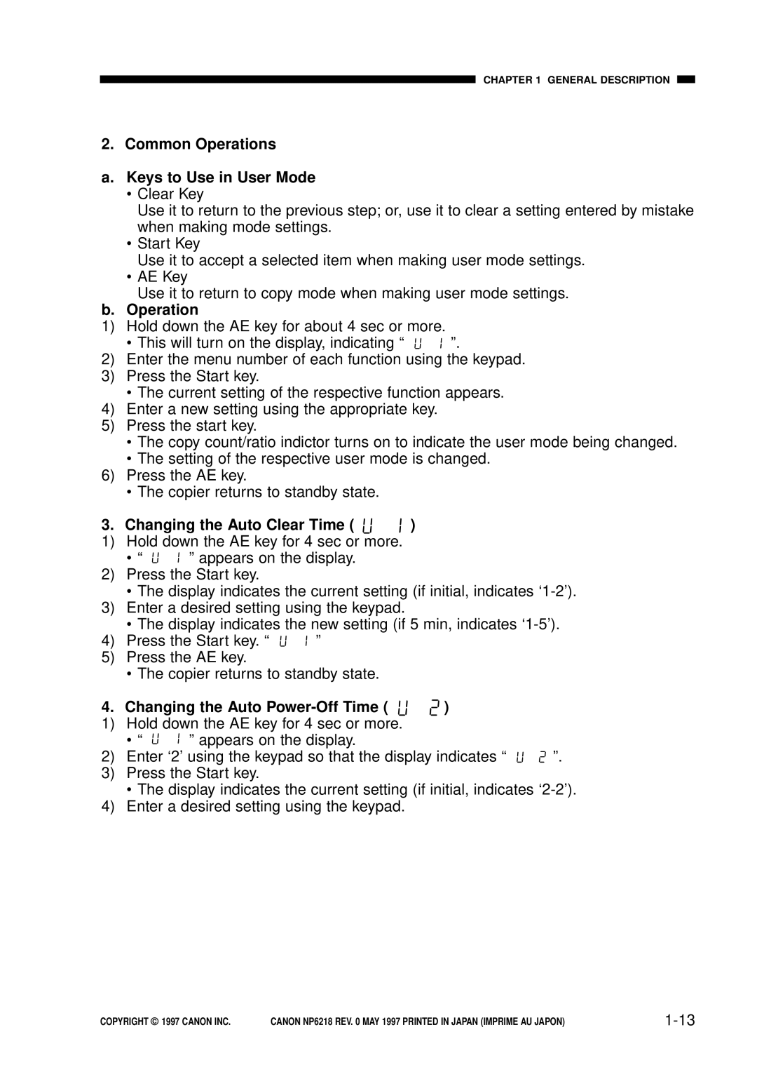 Canon NP6218 Common Operations Keys to Use in User Mode, Changing the Auto Clear Time, Changing the Auto Power-Off Time 