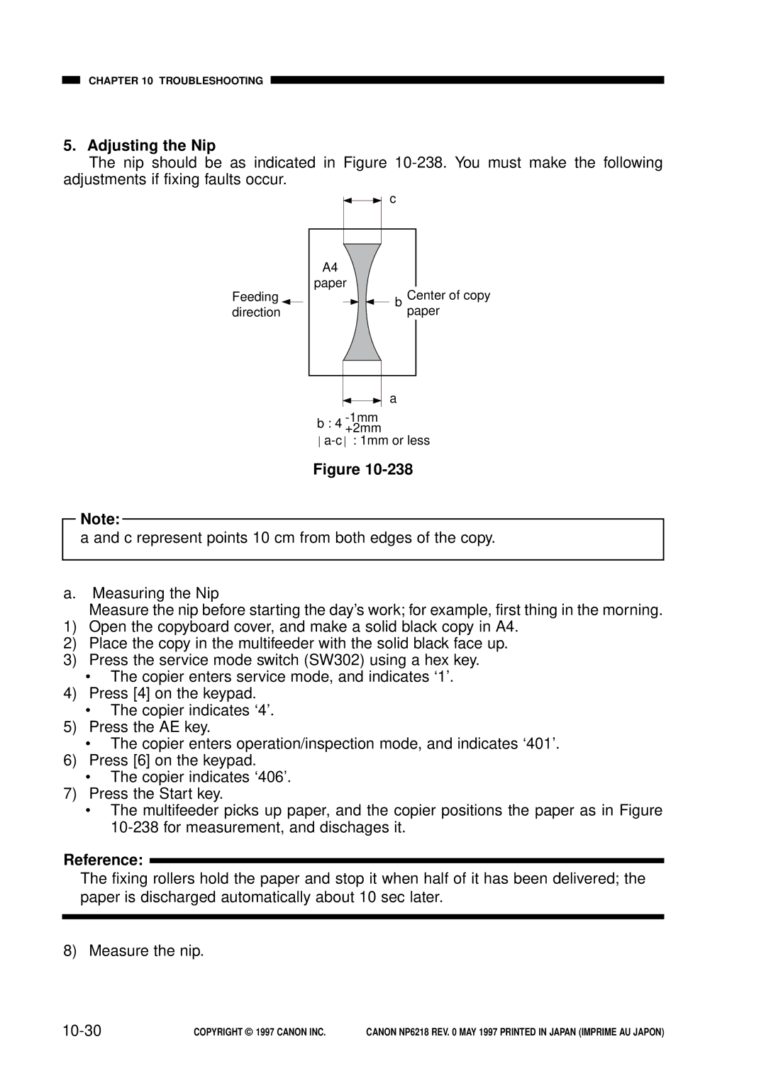 Canon NP6218, FY8-13EX-000 service manual Adjusting the Nip, 10-30 