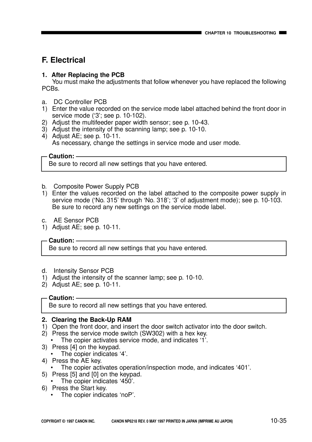 Canon FY8-13EX-000, NP6218 service manual Electrical, After Replacing the PCB, Clearing the Back-Up RAM, 10-35 