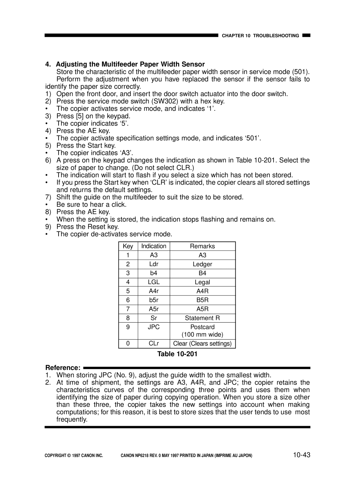 Canon FY8-13EX-000, NP6218 service manual Adjusting the Multifeeder Paper Width Sensor, 10-43 