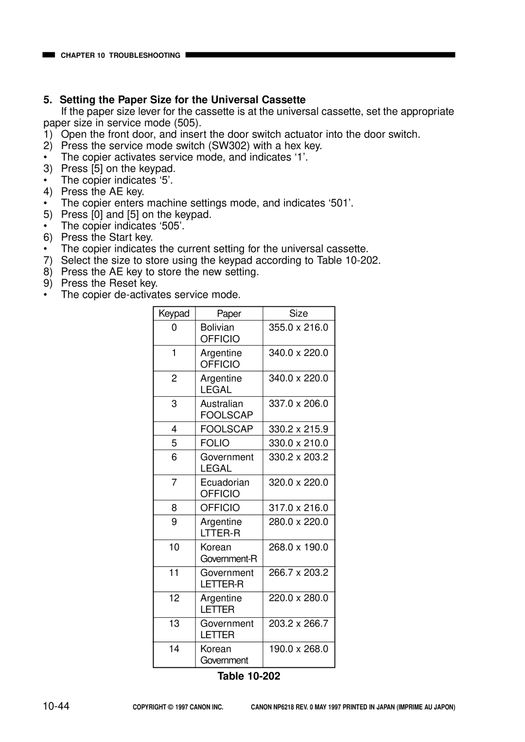 Canon NP6218, FY8-13EX-000 service manual Setting the Paper Size for the Universal Cassette, 10-44 