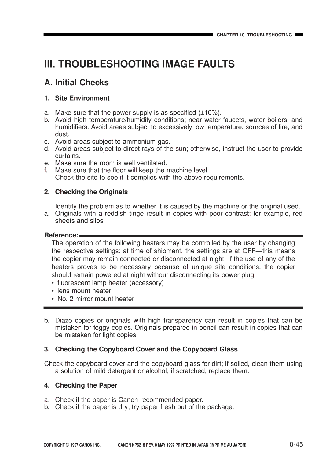 Canon FY8-13EX-000, NP6218 service manual III. Troubleshooting Image Faults, Initial Checks 