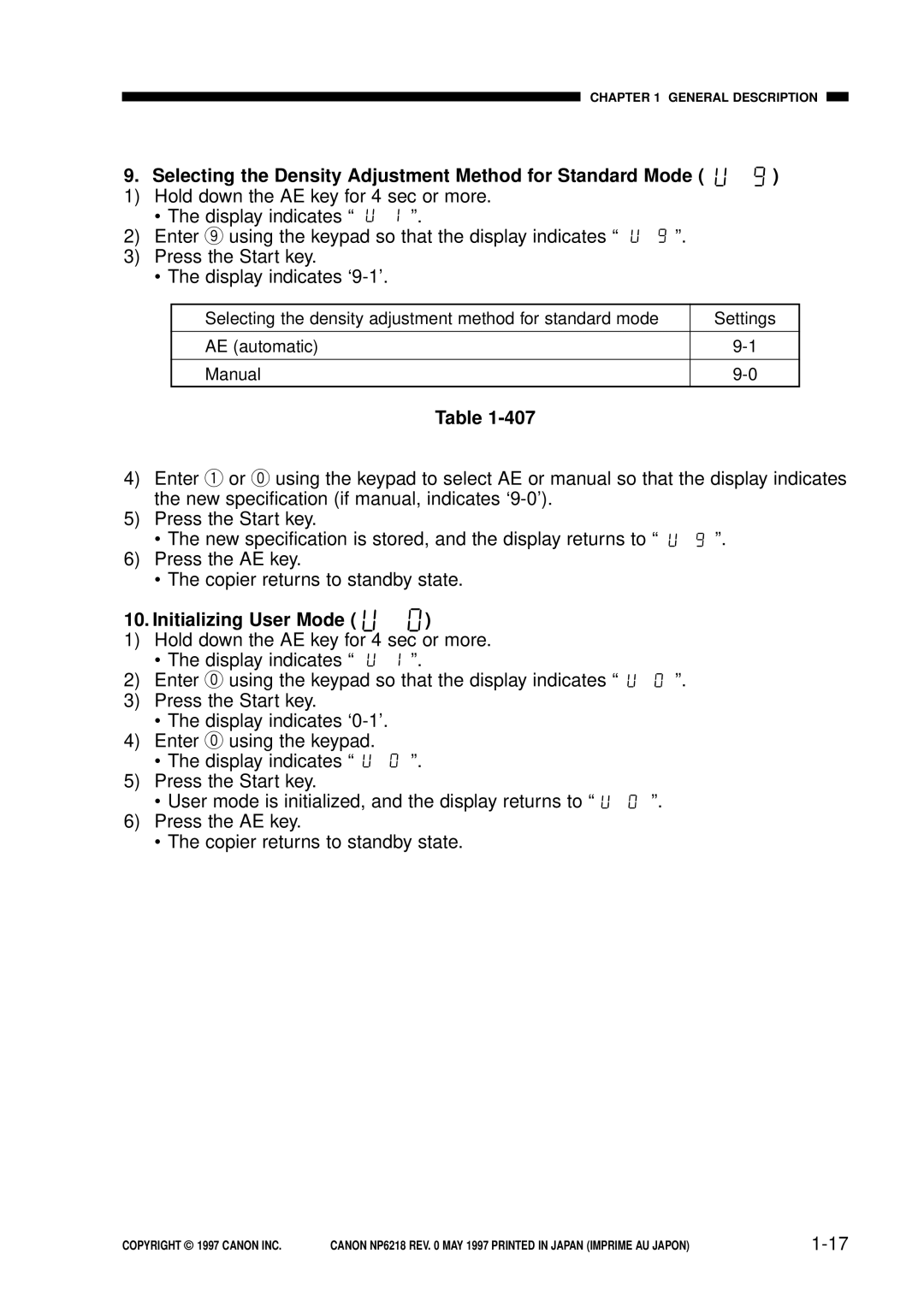 Canon NP6218, FY8-13EX-000 service manual Selecting the Density Adjustment Method for Standard Mode, Initializing User Mode 