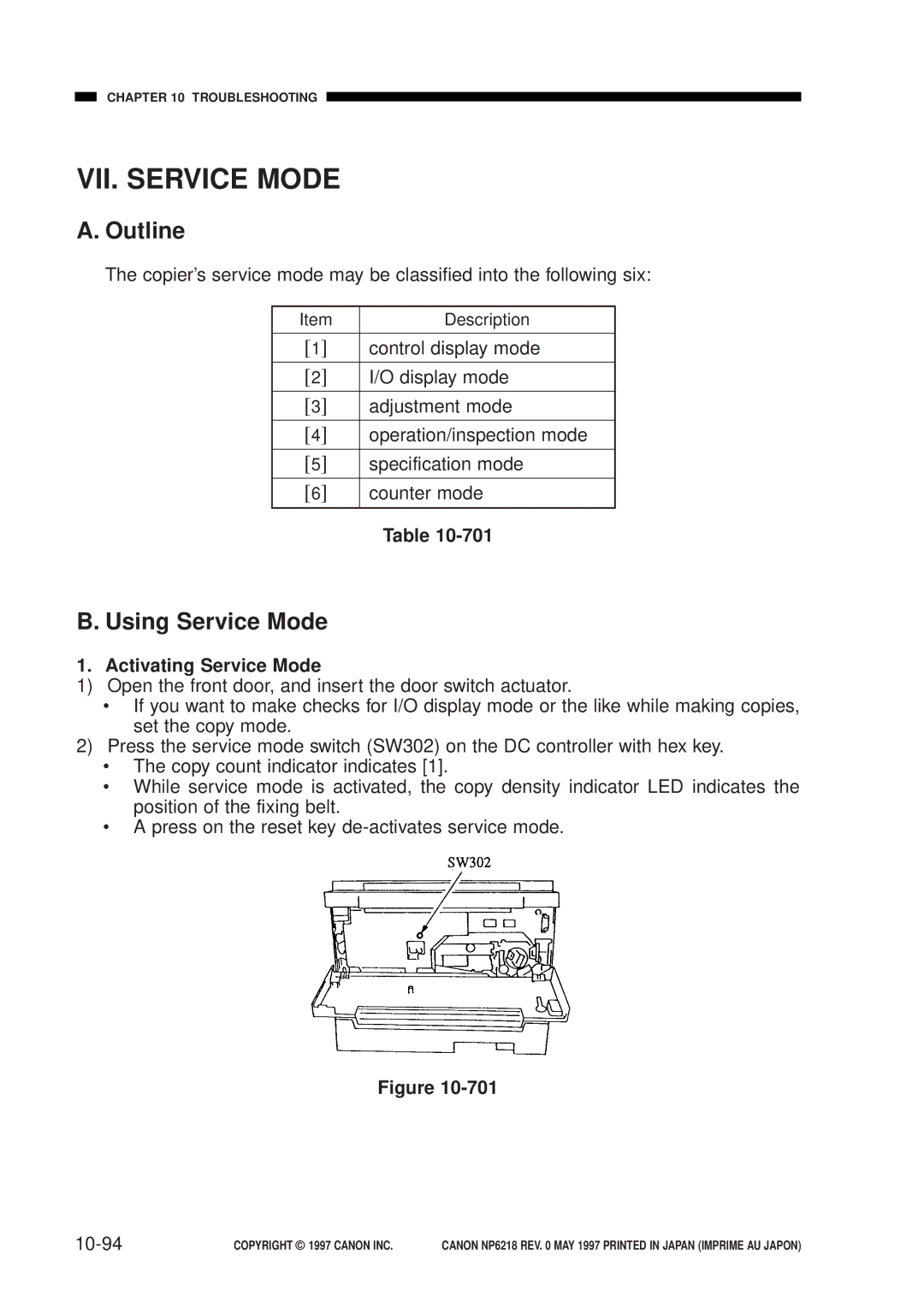 Canon NP6218, FY8-13EX-000 service manual VII. Service Mode, Using Service Mode, Activating Service Mode, 10-94 