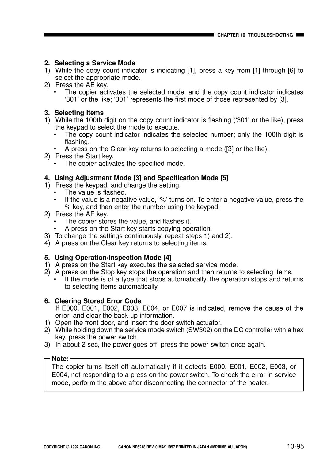 Canon FY8-13EX-000 Selecting a Service Mode, Selecting Items, Using Adjustment Mode 3 and Specification Mode, 10-95 