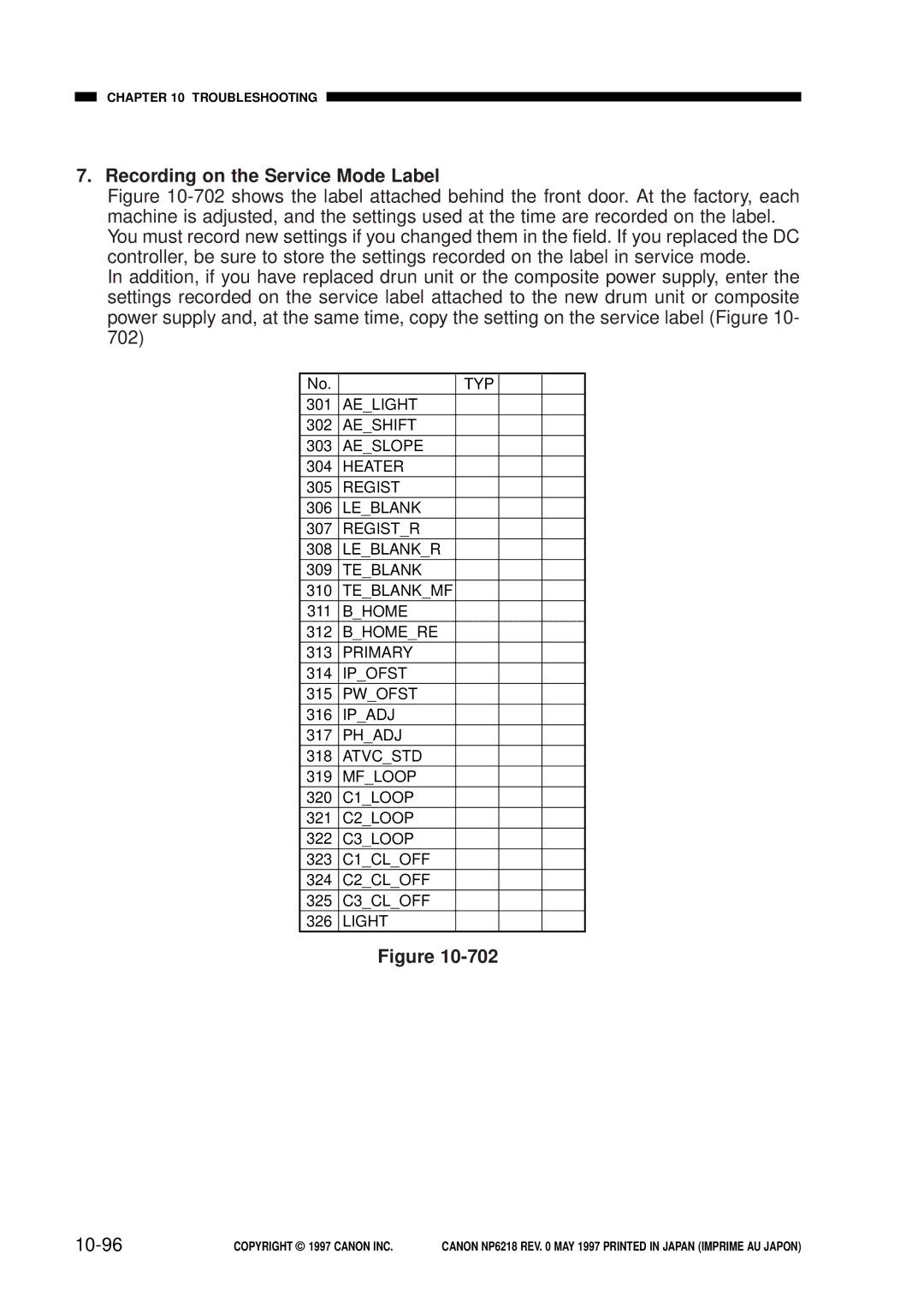 Canon NP6218, FY8-13EX-000 service manual Recording on the Service Mode Label, 10-96 