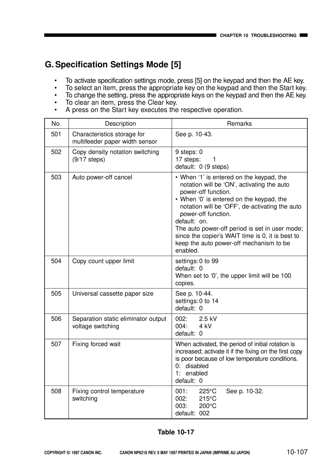 Canon FY8-13EX-000, NP6218 service manual Specification Settings Mode, 10-107 