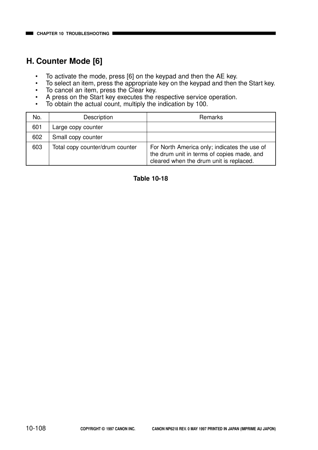 Canon NP6218, FY8-13EX-000 service manual Counter Mode, 10-108 