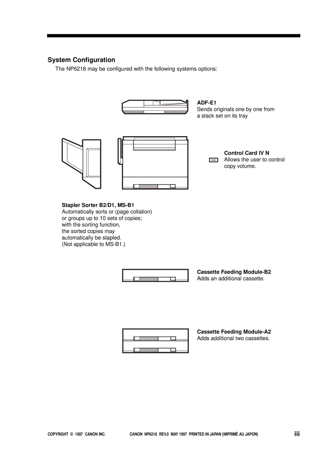 Canon FY8-13EX-000, NP6218 service manual System Configuration, Iii 