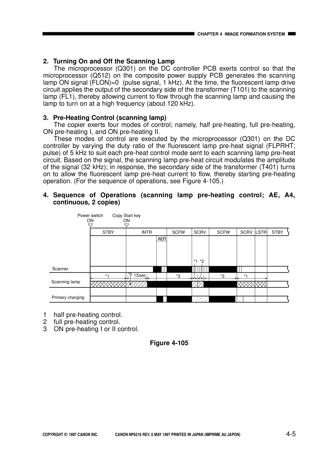 Canon FY8-13EX-000, NP6218 service manual Turning On and Off the Scanning Lamp, Pre-Heating Control scanning lamp 