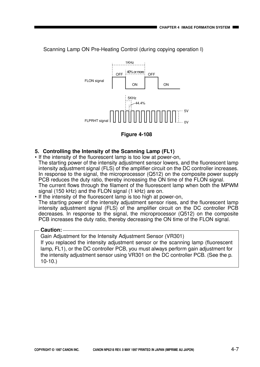 Canon FY8-13EX-000, NP6218 service manual Controlling the Intensity of the Scanning Lamp FL1 