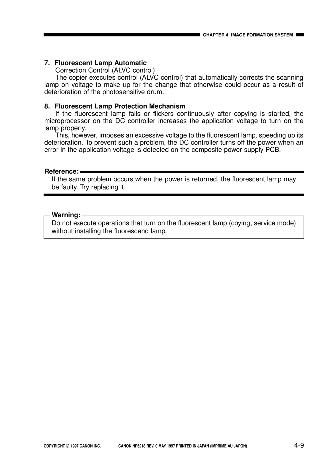 Canon FY8-13EX-000, NP6218 service manual Fluorescent Lamp Automatic, Fluorescent Lamp Protection Mechanism 