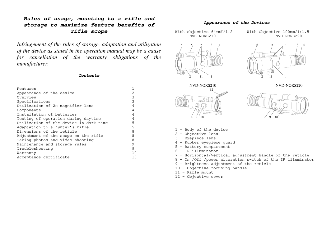 Canon NVD-NORS220, NVD-NORS210 manual Contents, Appearance of the Devices 