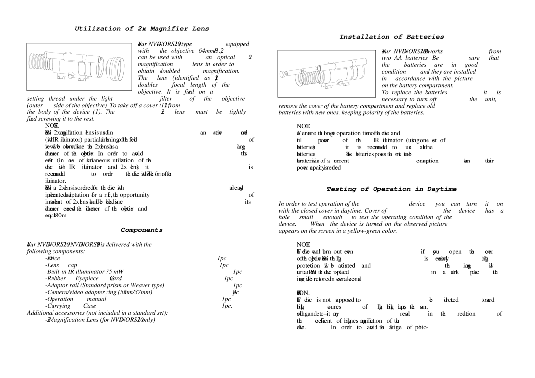 Canon NVD-NORS220 Utilization of 2x Magnifier Lens, Components, Installation of Batteries, Testing of Operation in Daytime 