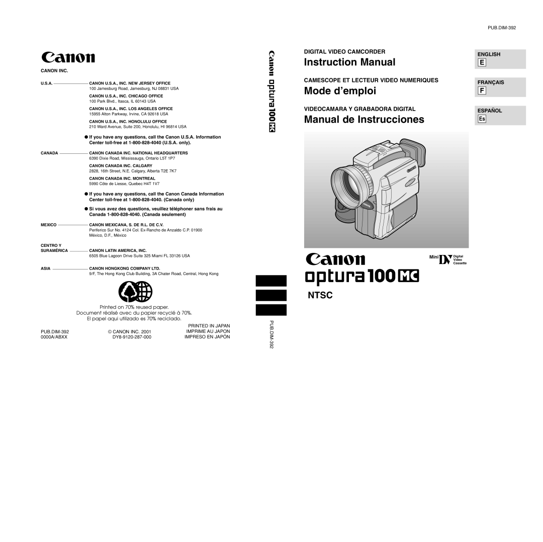 Canon Optura 100 instruction manual Mode d’emploi 