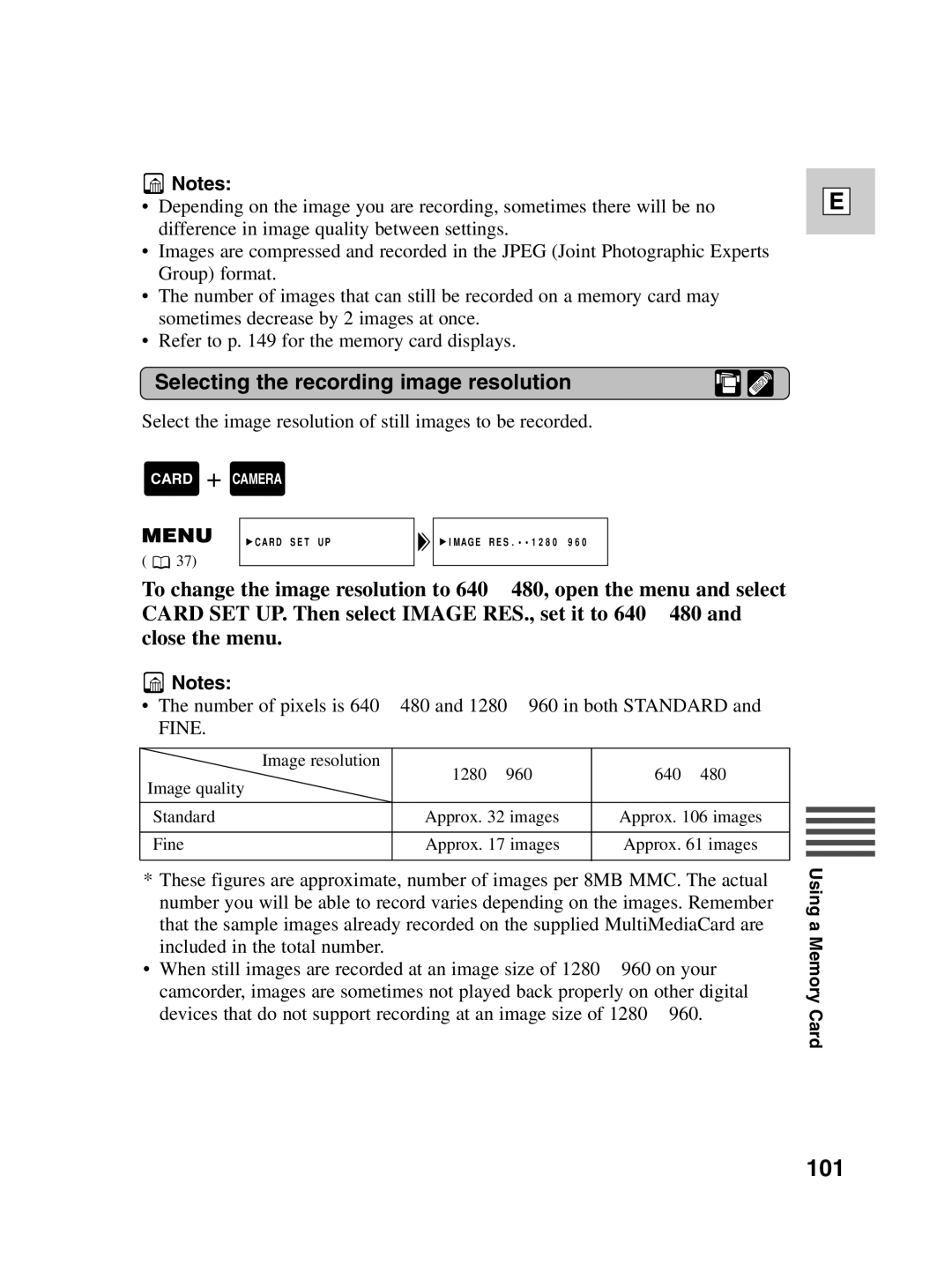 Canon Optura 100 instruction manual 101, Selecting the recording image resolution 