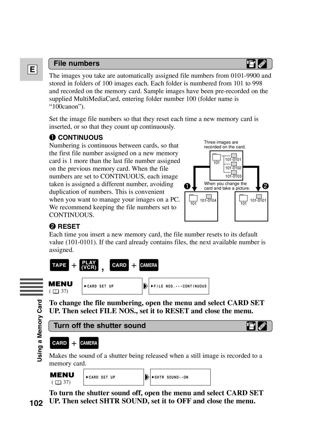 Canon Optura 100 instruction manual 102, File numbers, Turn off the shutter sound 