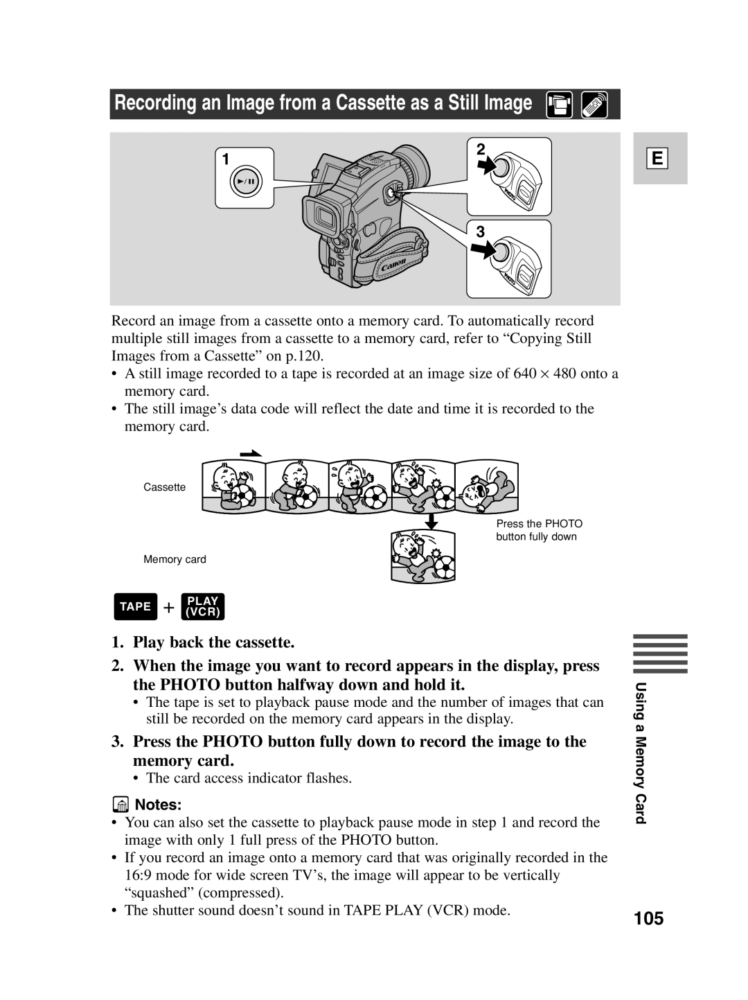 Canon Optura 100 instruction manual Recording an Image from a Cassette as a Still Image, 105 