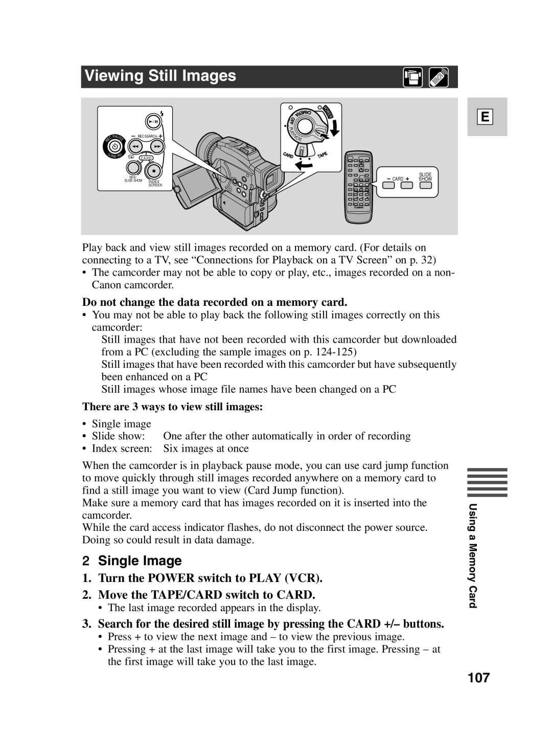 Canon Optura 100 instruction manual Viewing Still Images, Single Image, 107, There are 3 ways to view still images 