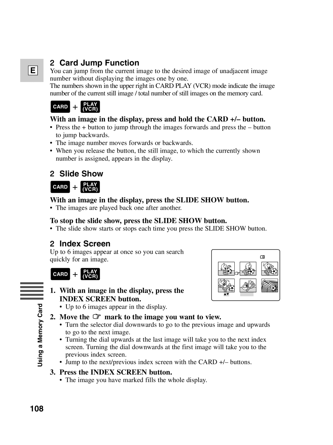 Canon Optura 100 instruction manual Card Jump Function, Slide Show, Index Screen, 108 