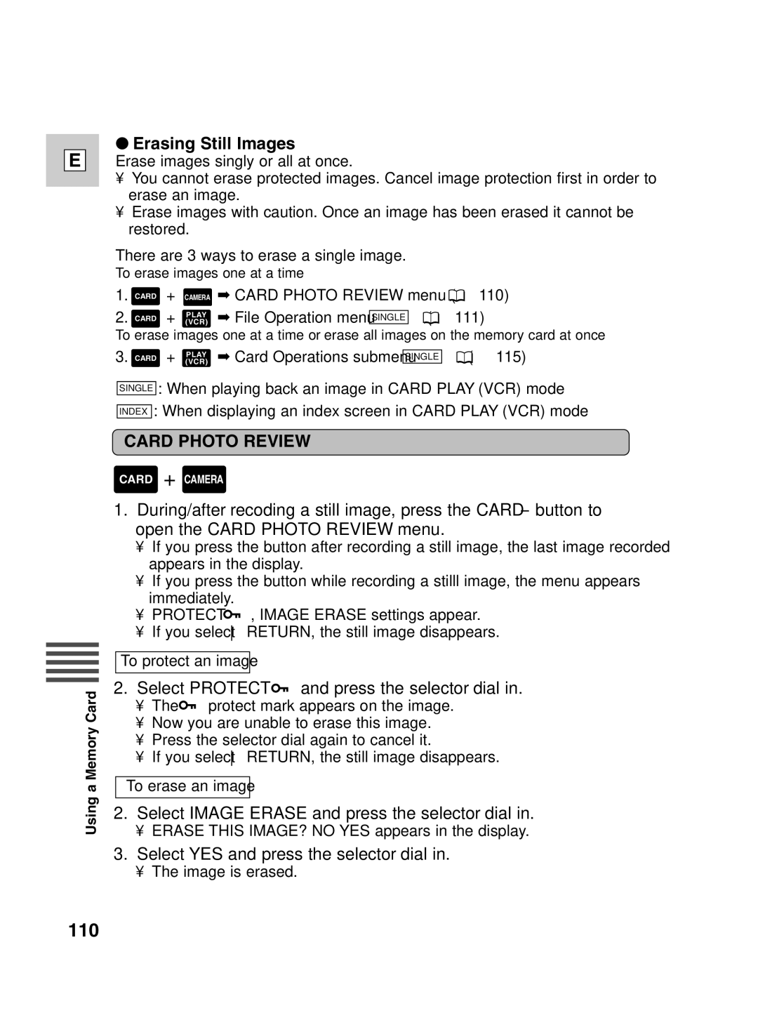 Canon Optura 100 instruction manual 110, Erasing Still Images, Select Protect and press the selector dial 