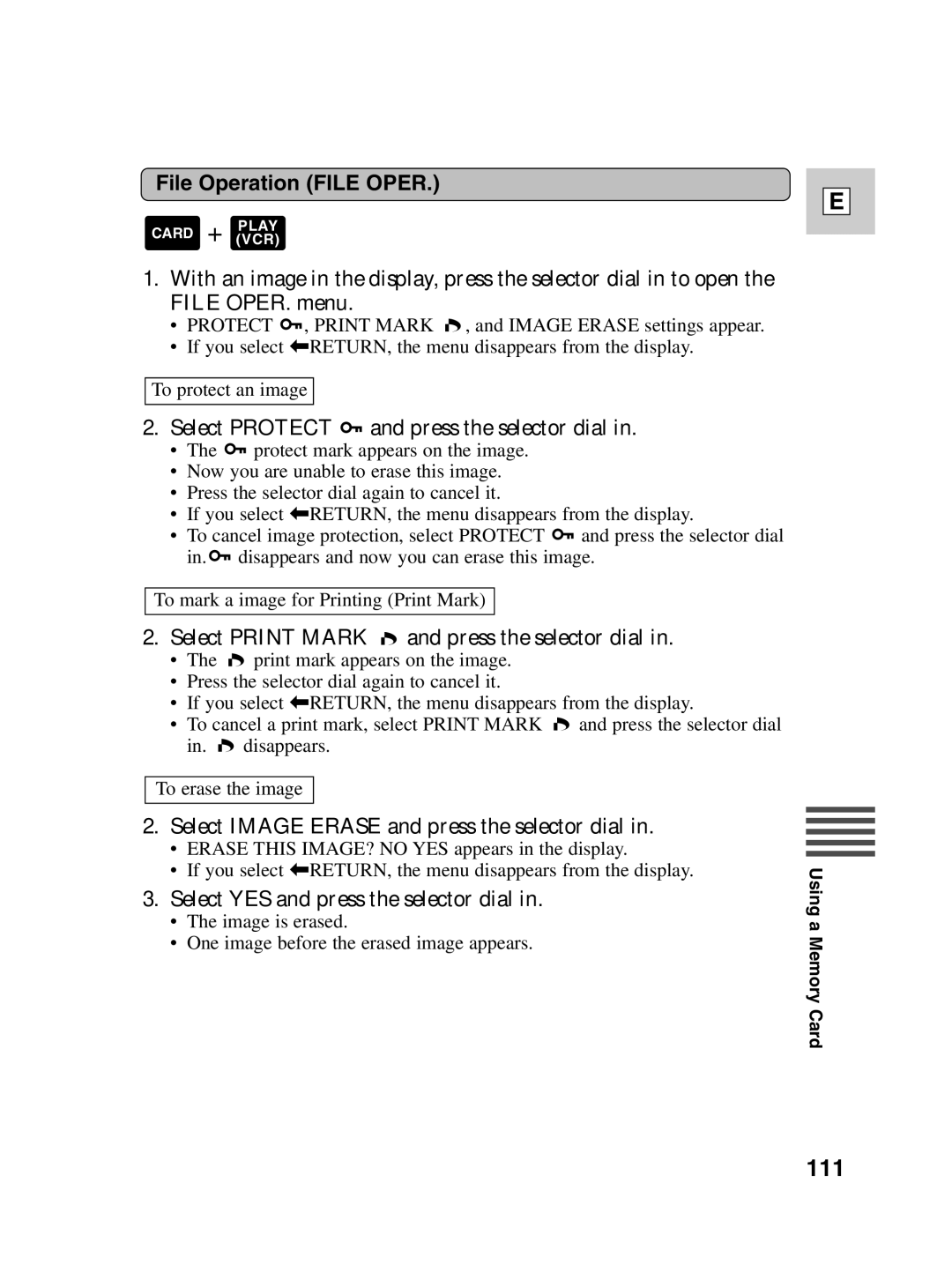 Canon Optura 100 instruction manual 111, File Operation File Oper, Select Print Mark and press the selector dial 