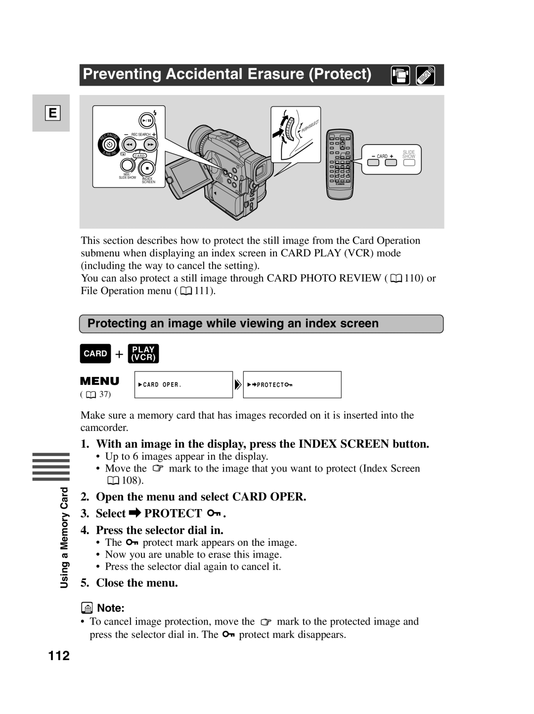 Canon Optura 100 Preventing Accidental Erasure Protect, 112, Protecting an image while viewing an index screen 