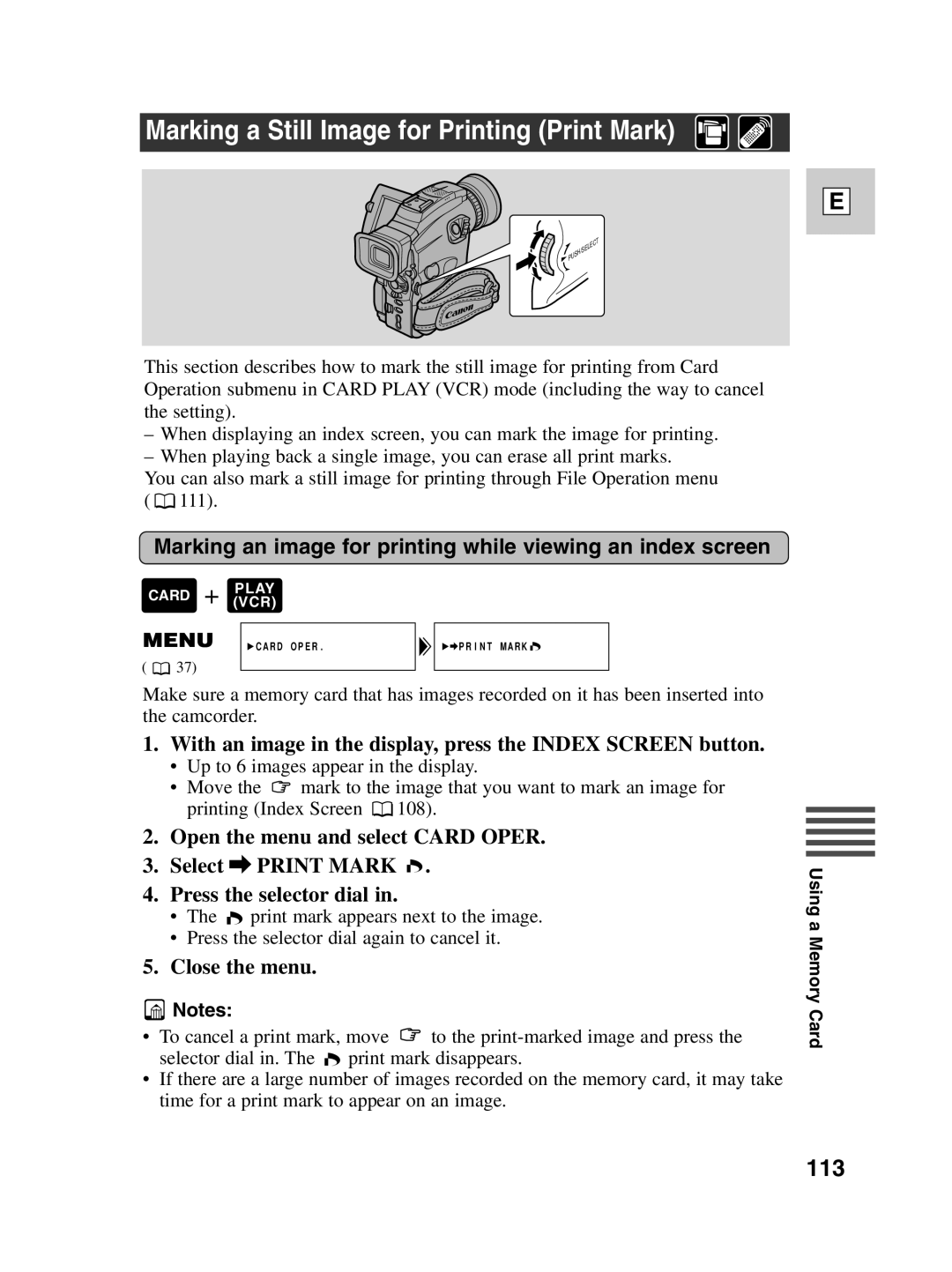 Canon Optura 100 instruction manual Marking a Still Image for Printing Print Mark, 113 