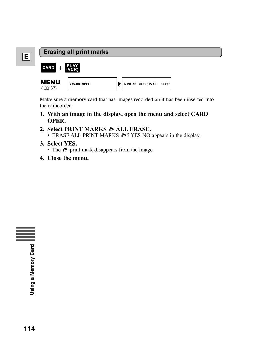 Canon Optura 100 instruction manual 114, Erasing all print marks, Select YES 