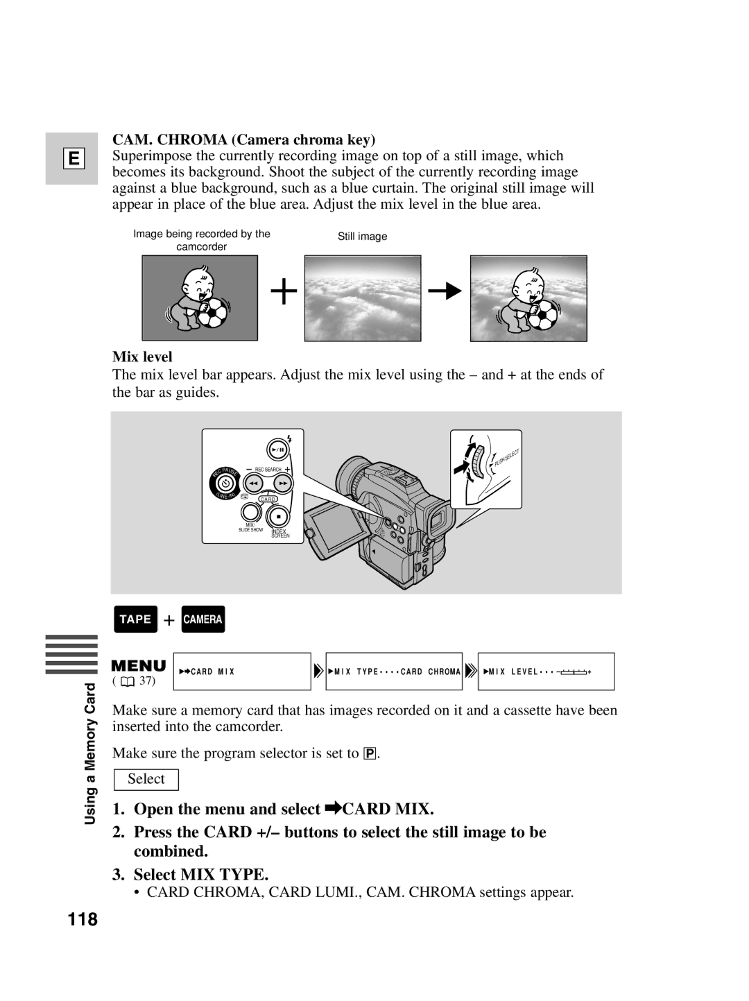 Canon Optura 100 instruction manual 118, CAM. Chroma Camera chroma key, Mix level 