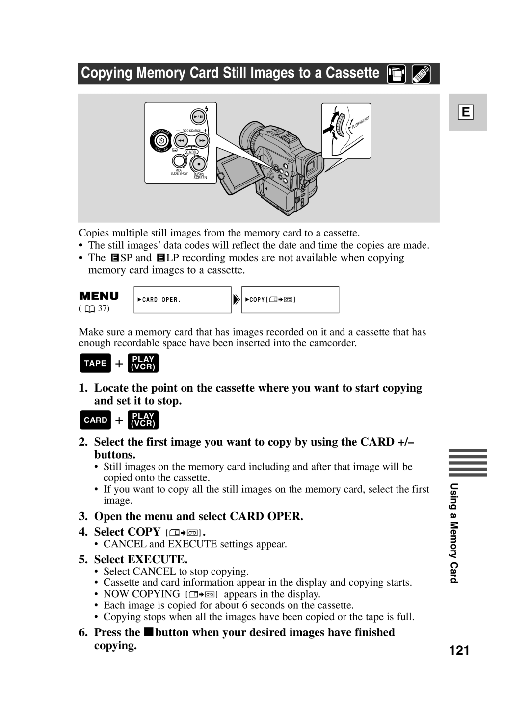 Canon Optura 100 instruction manual Copying Memory Card Still Images to a Cassette, 121 