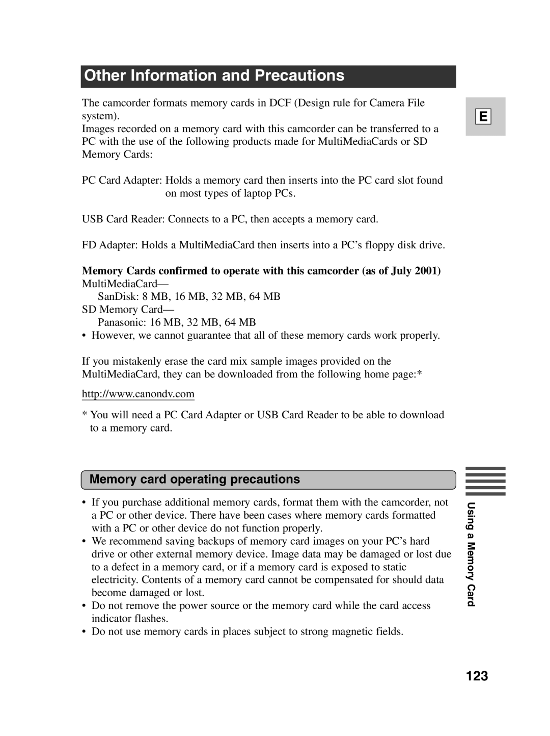 Canon Optura 100 instruction manual Other Information and Precautions, 123, Memory card operating precautions 