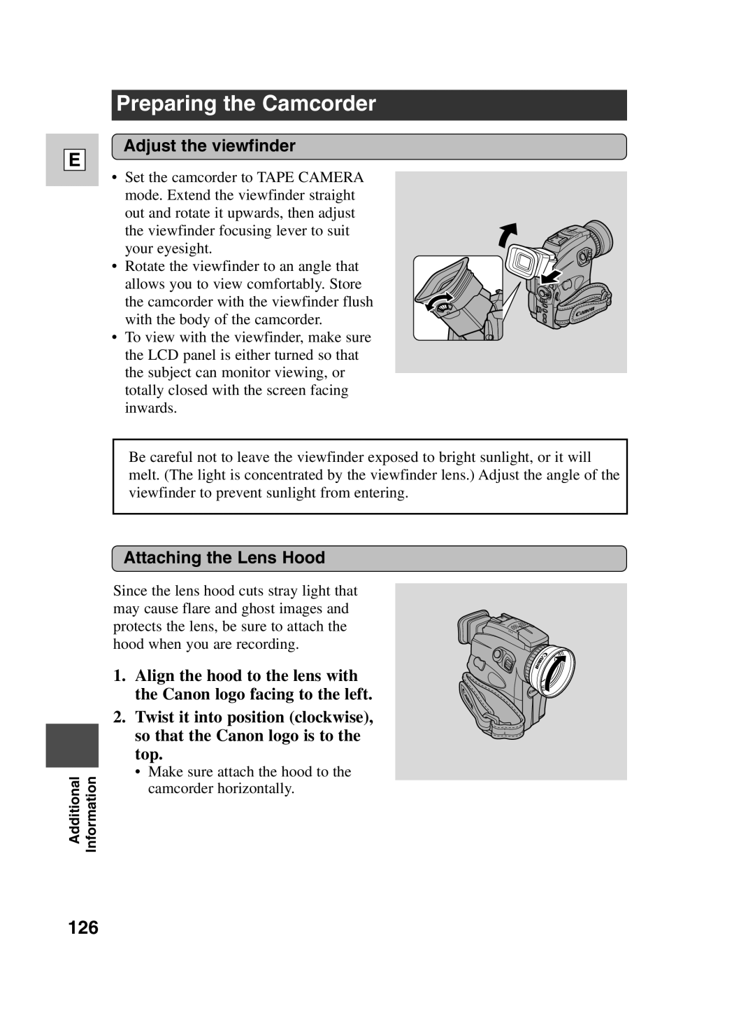 Canon Optura 100 instruction manual Preparing the Camcorder, 126, Adjust the viewfinder, Attaching the Lens Hood 