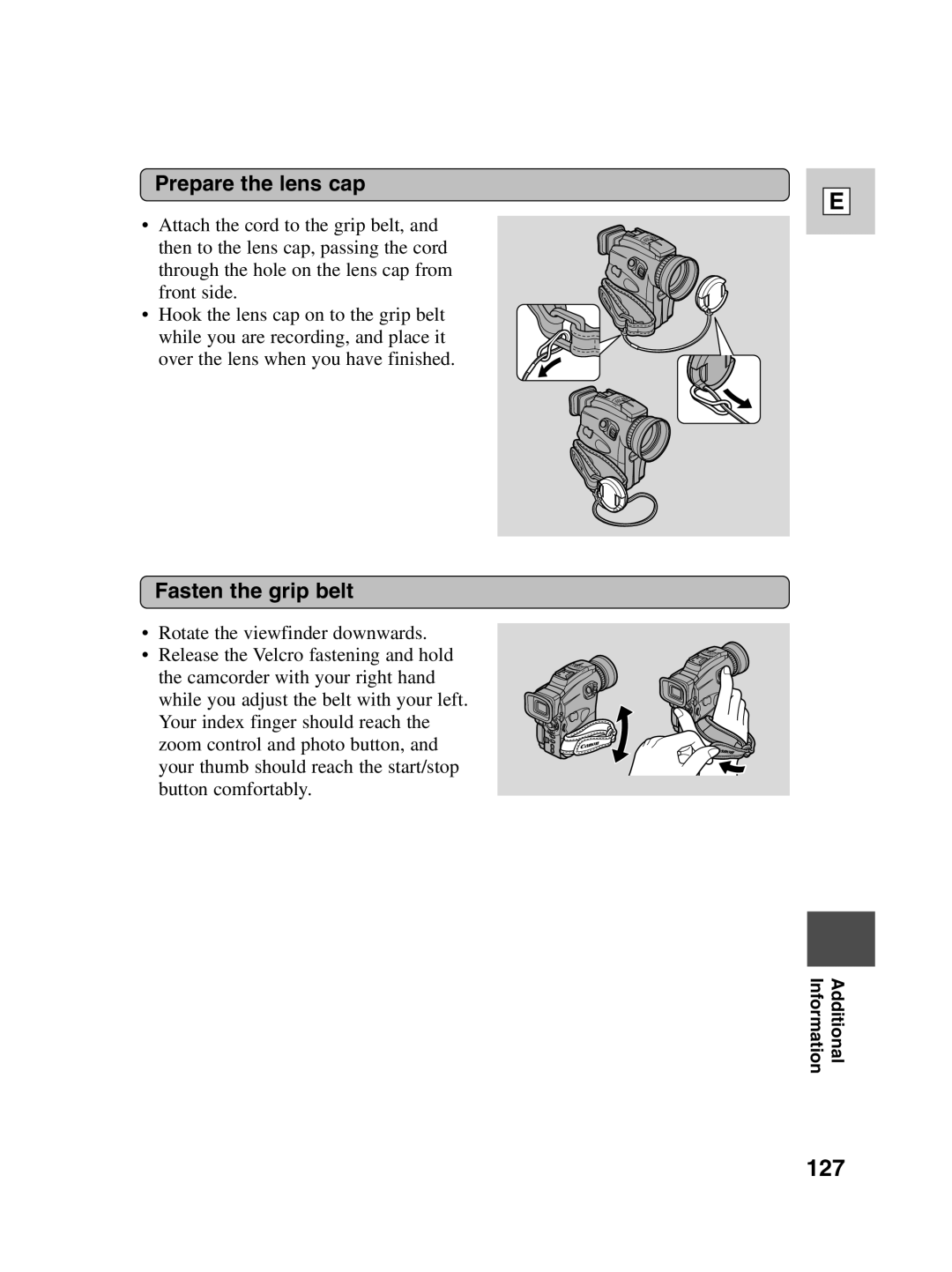 Canon Optura 100 instruction manual 127, Prepare the lens cap, Fasten the grip belt 