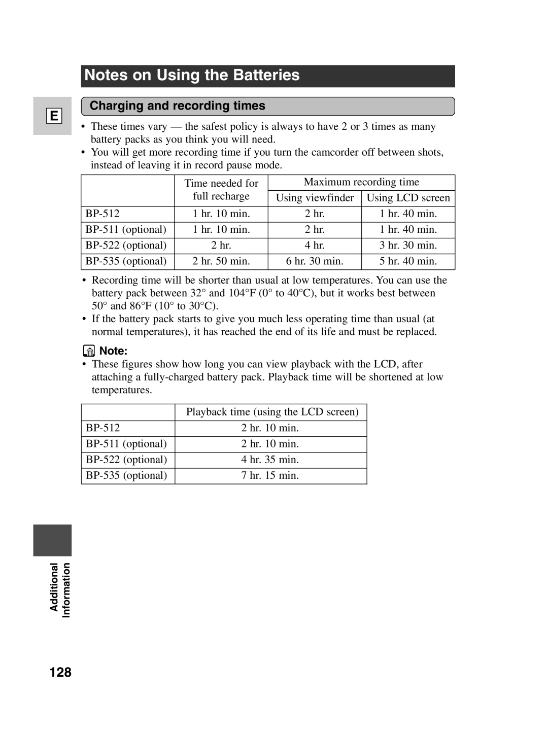 Canon Optura 100 instruction manual 128, Charging and recording times 