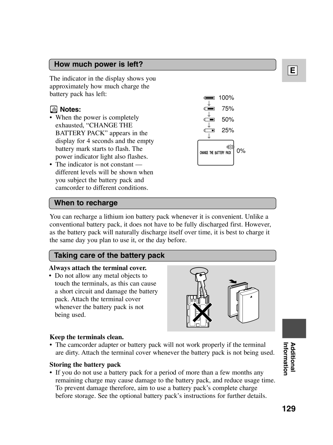 Canon Optura 100 instruction manual 129, How much power is left?, When to recharge, Taking care of the battery pack 