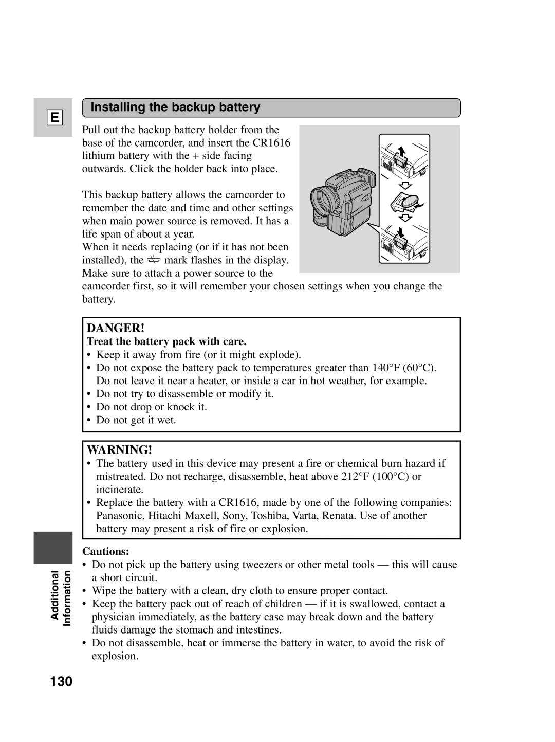 Canon Optura 100 instruction manual 130, Installing the backup battery, Treat the battery pack with care 