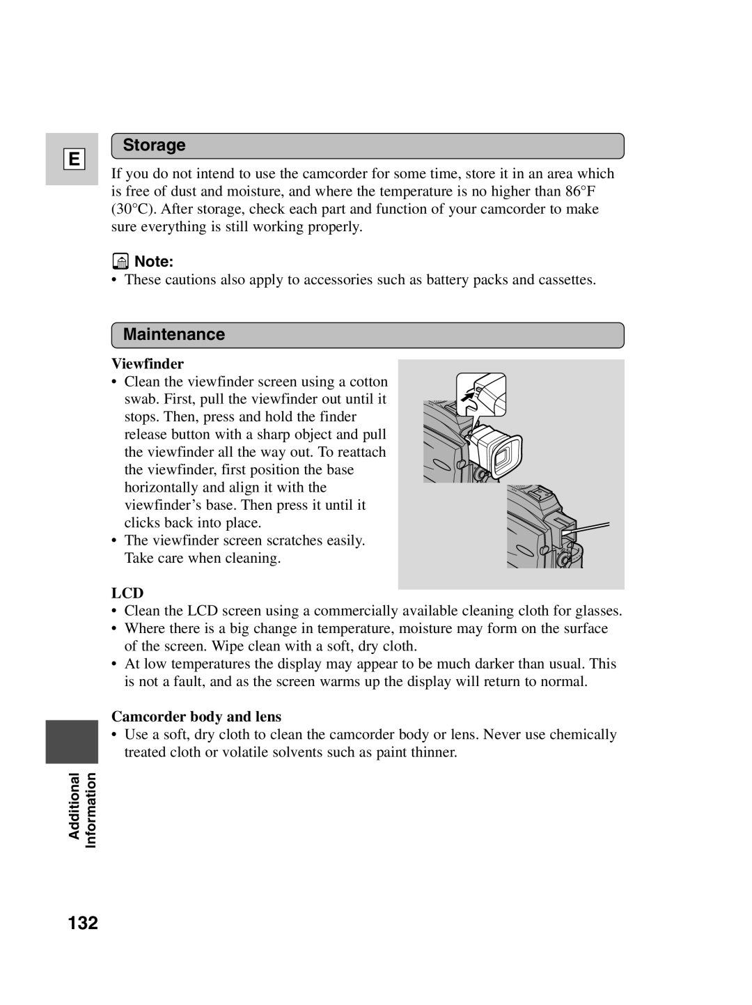 Canon Optura 100 instruction manual 132, Storage, Maintenance, Viewfinder, Camcorder body and lens 