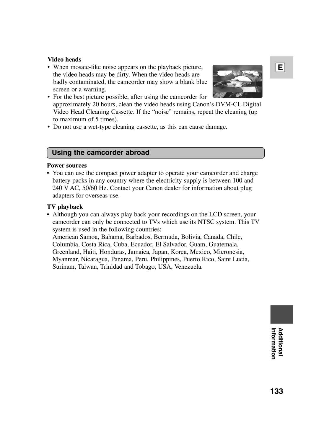 Canon Optura 100 instruction manual 133, Using the camcorder abroad, Video heads, Power sources, TV playback 