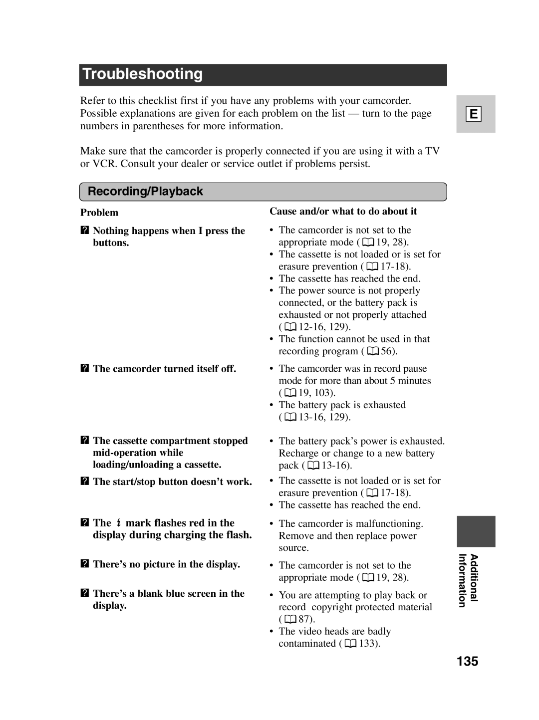 Canon Optura 100 instruction manual Troubleshooting, 135, Recording/Playback 