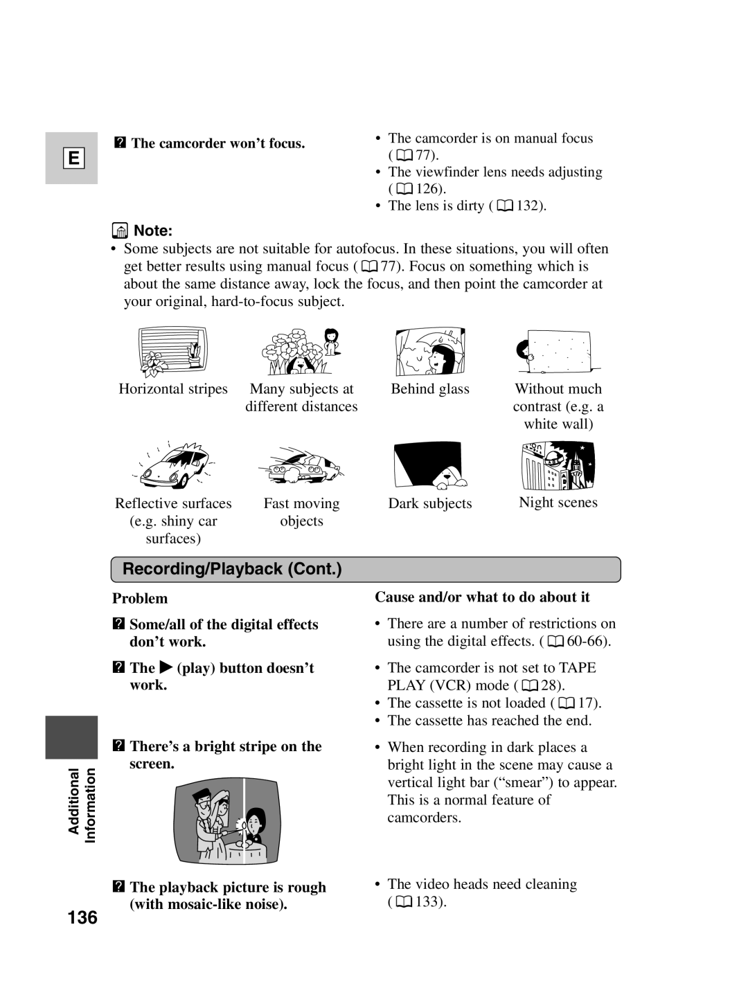 Canon Optura 100 instruction manual 136, ? The camcorder won’t focus 