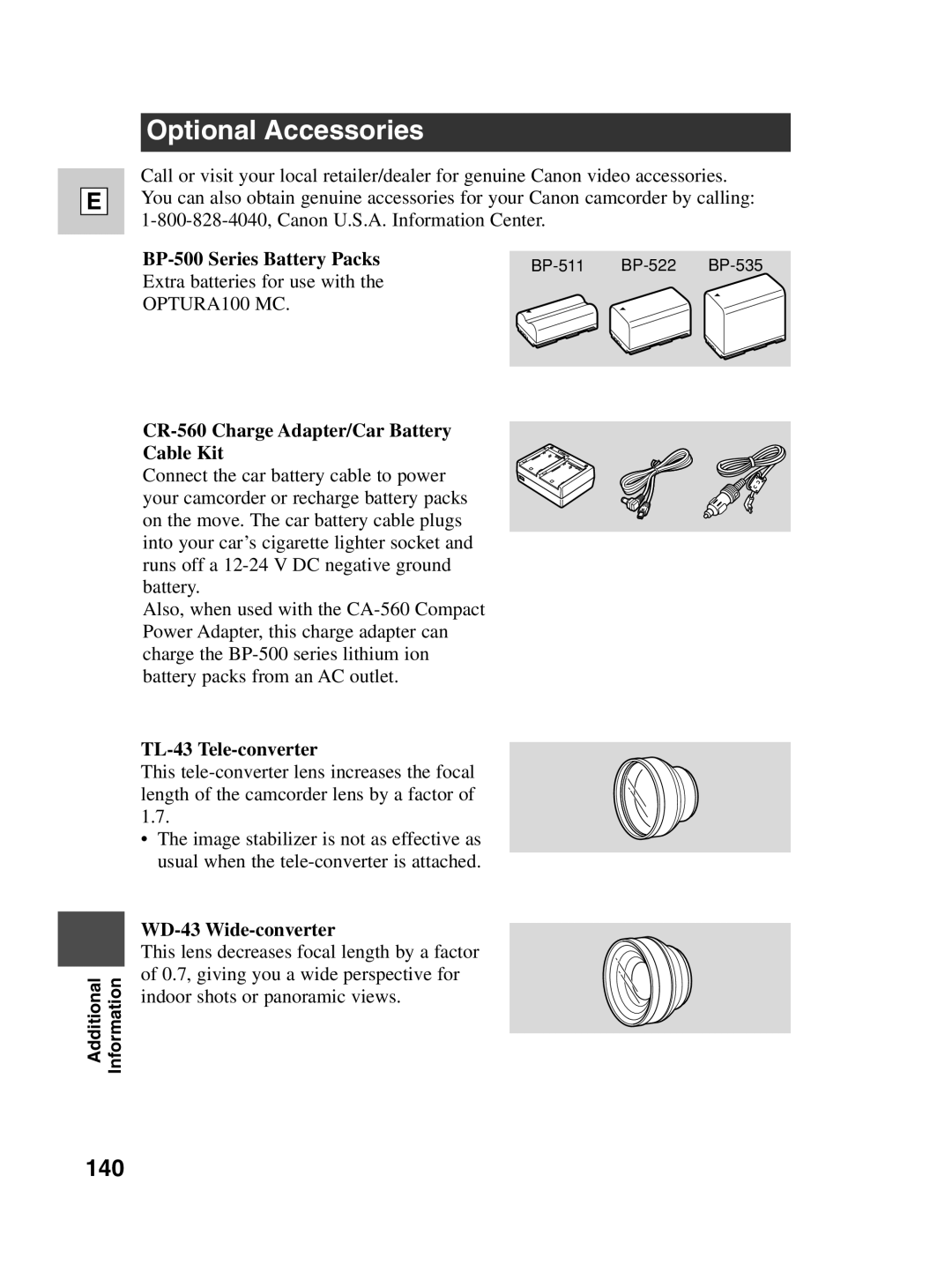 Canon Optura 100 instruction manual Optional Accessories, 140 