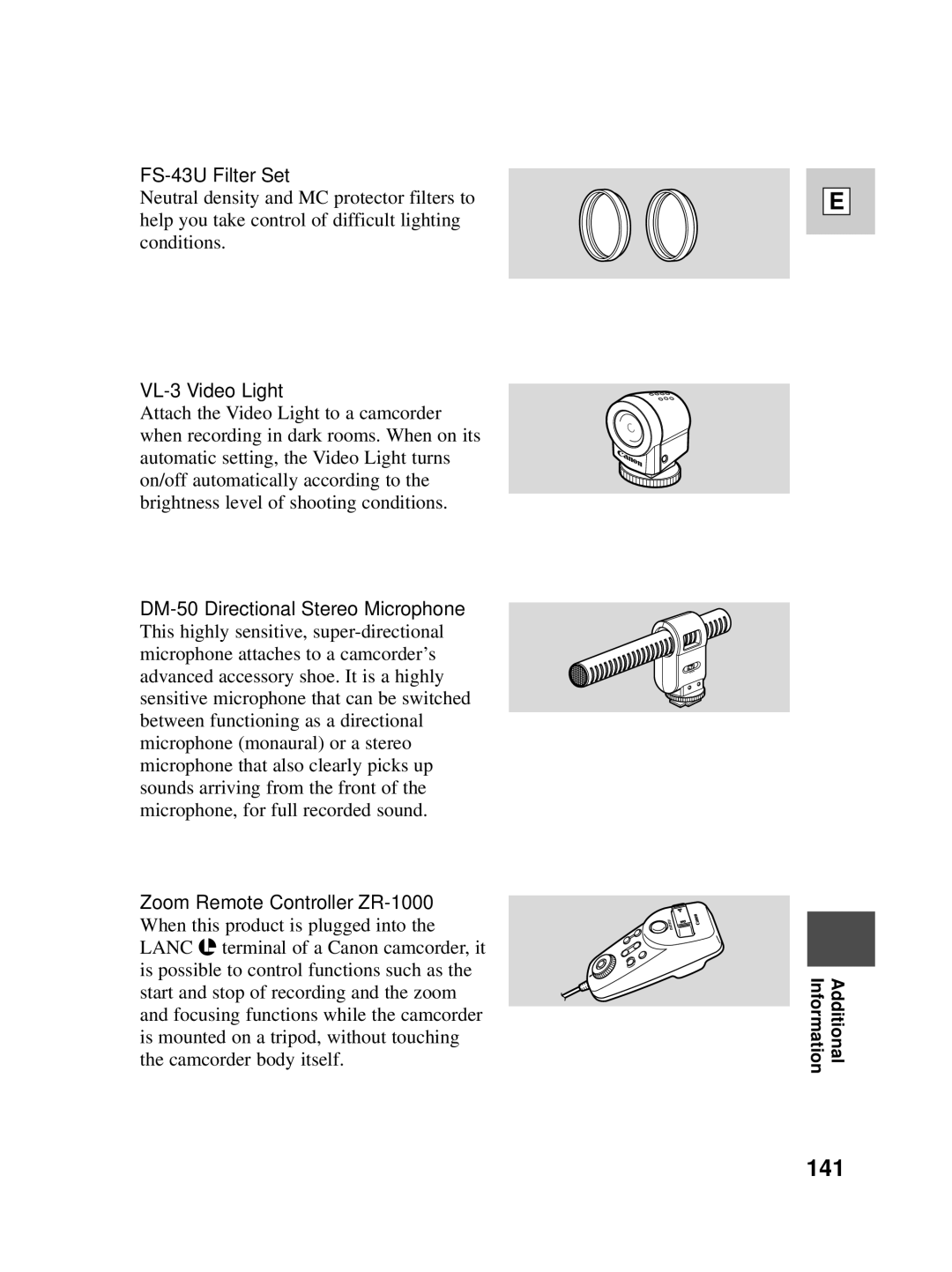 Canon Optura 100 instruction manual 141, FS-43U Filter Set, VL-3 Video Light 