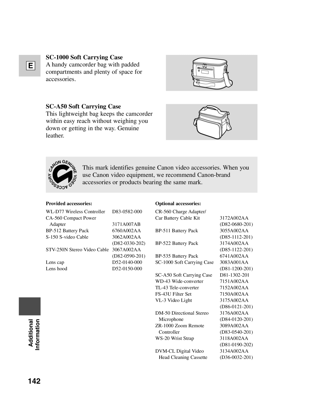 Canon Optura 100 instruction manual 142, SC-1000 Soft Carrying Case, SC-A50 Soft Carrying Case 