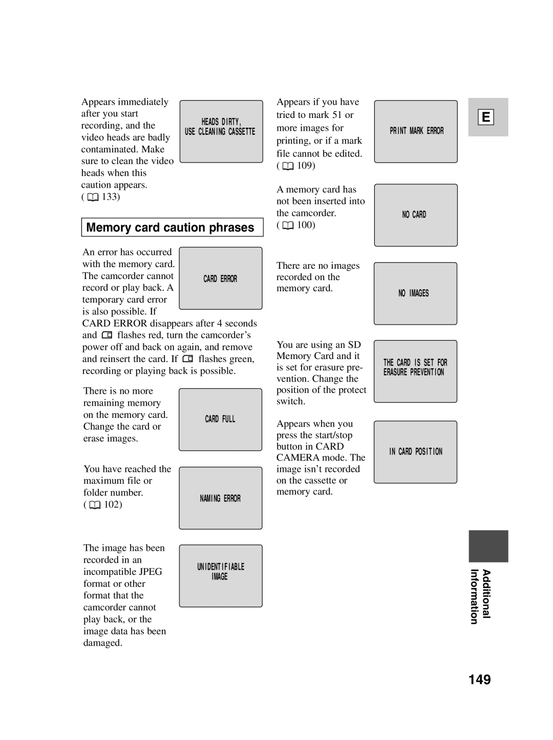 Canon Optura 100 instruction manual 149, Memory card caution phrases 